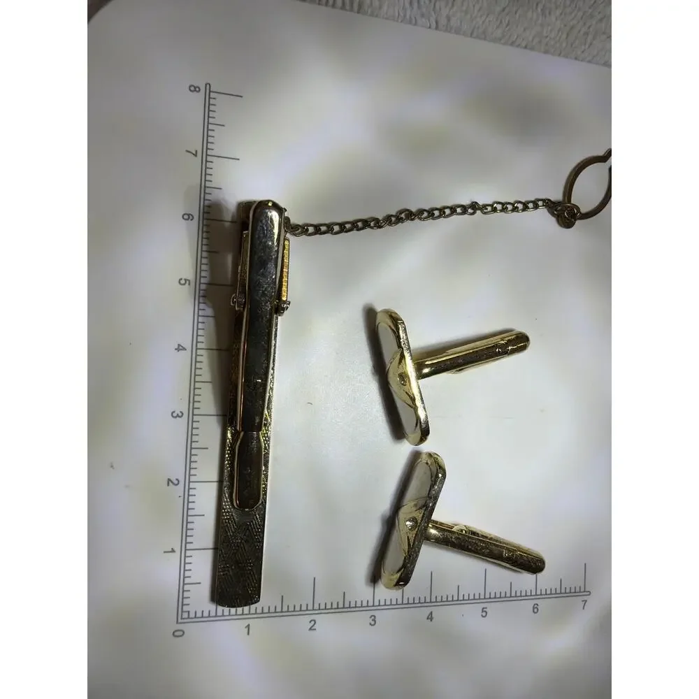 Vintage Gold Tone Tie Bar Cufflinks Set Clear Stone Men's Formal Jewelry Box